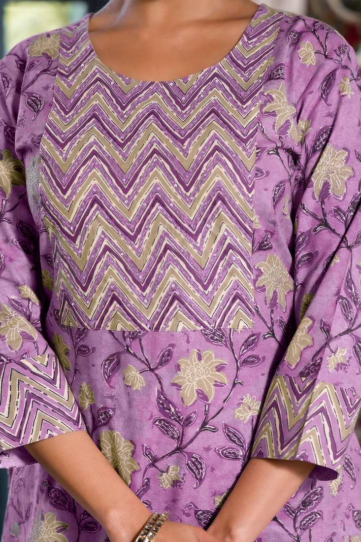 Women's lavendar floral print pure cotton straight fit kurta set with bottom and dupatta (3-piece set)