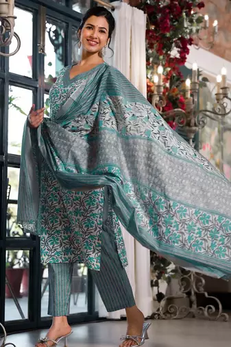 Women's white & teal floral print pure cotton straight fit kurta set with bottom and dupatta (3-piece set)
