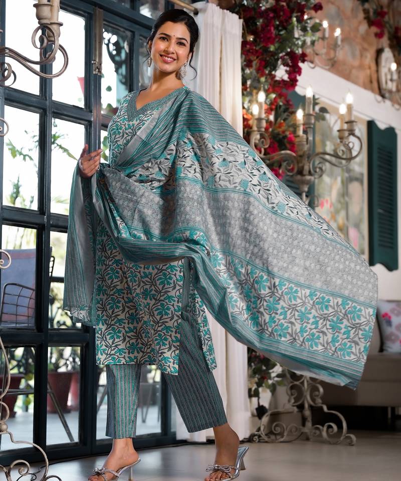 Women's white & teal floral print pure cotton straight fit kurta set with bottom and dupatta (3-piece set)