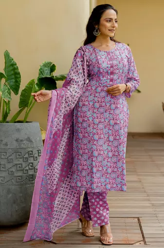 Women's magenta & turquoise floral print pure cotton straight fit kurta set with bottom and dupatta (3-piece set)