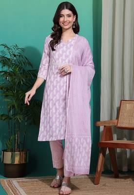 Women's lavender & white paisley sequin work pure cotton straight fit kurta set with bottom and dupatta 1