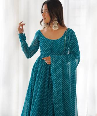Teal blue elegant anarkali set in heavy pure fox georgette with laheriya print & fancy neck potli button 2
