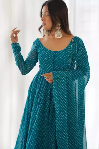 Teal blue elegant anarkali set in heavy pure fox georgette with laheriya print & fancy neck potli button