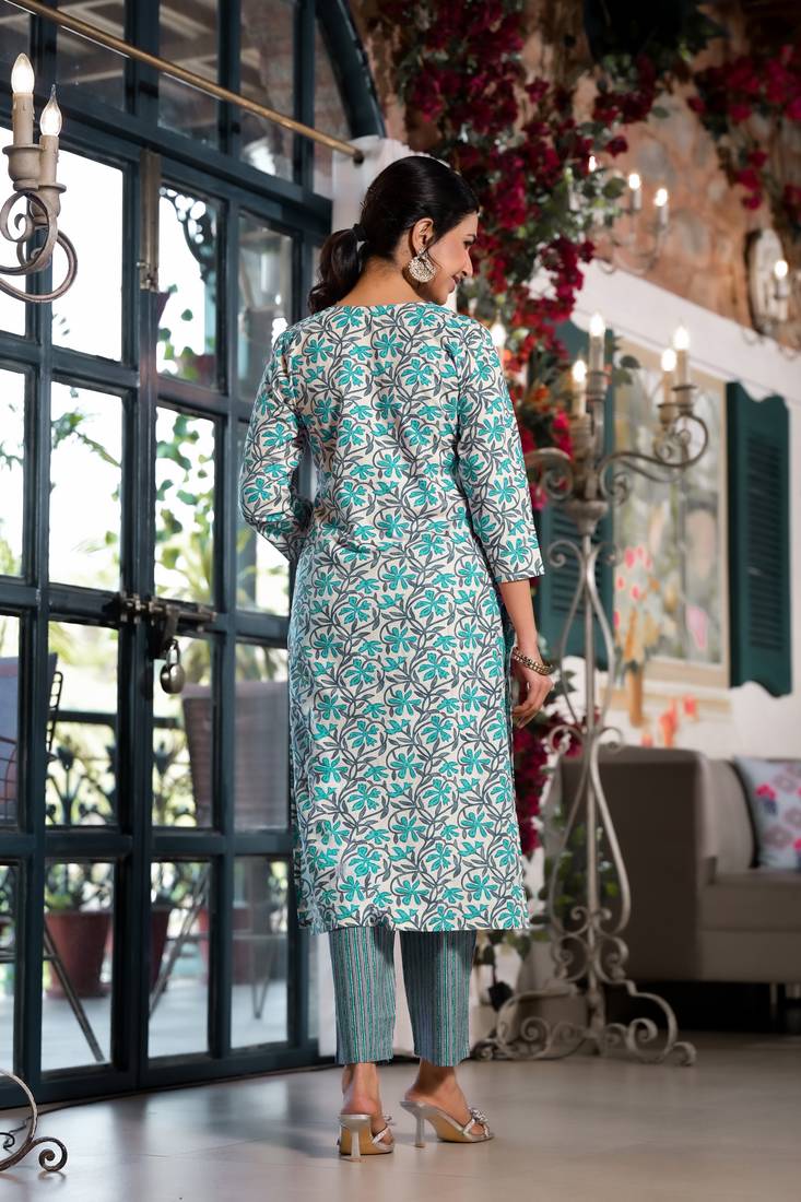 Women's white & teal floral print pure cotton straight fit kurta set with bottom and dupatta (3-piece set)
