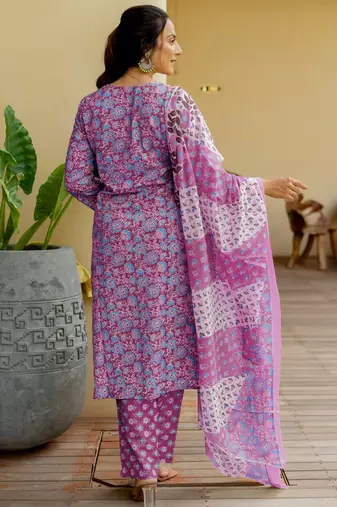 Women's magenta & turquoise floral print pure cotton straight fit kurta set with bottom and dupatta (3-piece set)