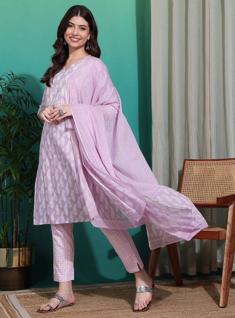 Women's lavender & white paisley sequin work pure cotton straight fit kurta set with bottom and dupatta
