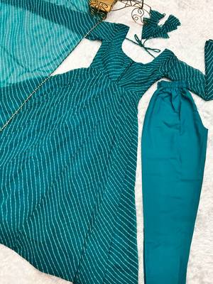 Teal blue elegant anarkali set in heavy pure fox georgette with laheriya print & fancy neck potli button 4