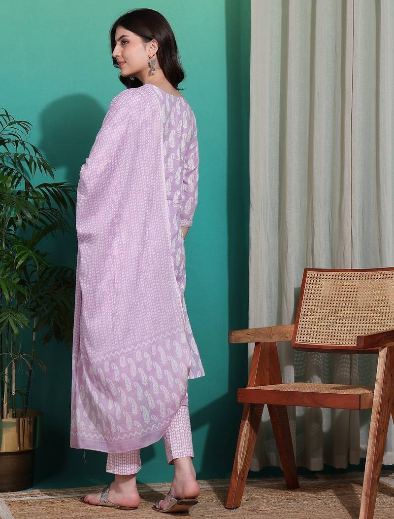 Women's lavender & white paisley sequin work pure cotton straight fit kurta set with bottom and dupatta