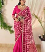 Rani Pink Color Real Mirror Work Lace Satin Silk Saree