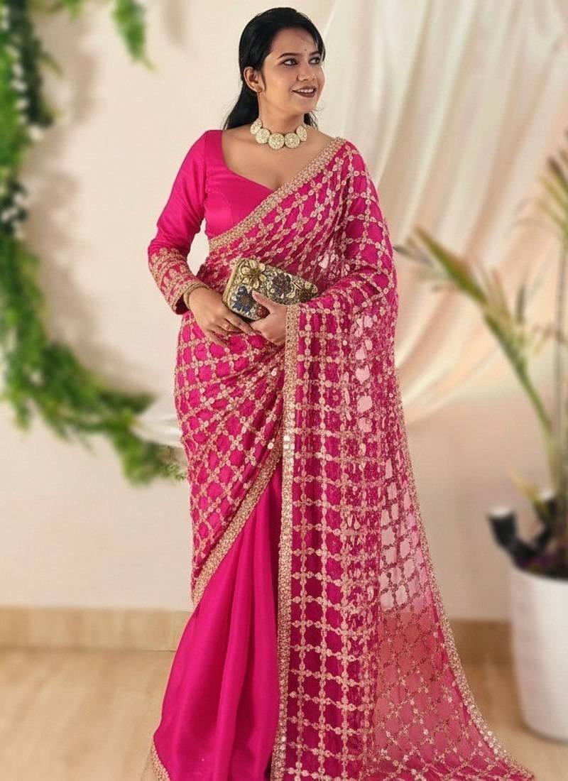 Rani Pink Color Real Mirror Work Lace Satin Silk Saree