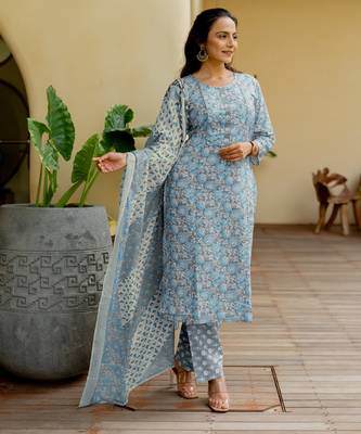 Women's grey & turquoise floral print pure cotton straight fit kurta set with bottom and dupatta (3-piece set) 3