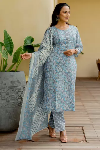 Women's grey & turquoise floral print pure cotton straight fit kurta set with bottom and dupatta (3-piece set)
