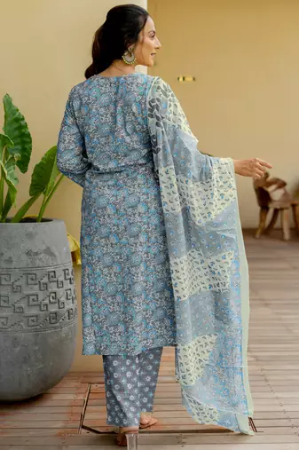 Women's grey & turquoise floral print pure cotton straight fit kurta set with bottom and dupatta (3-piece set)