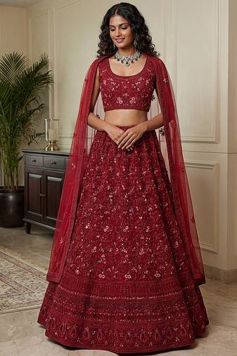 Lovely Red Dori Embroidery Net Bridal Lehenga Choli With Dupatta