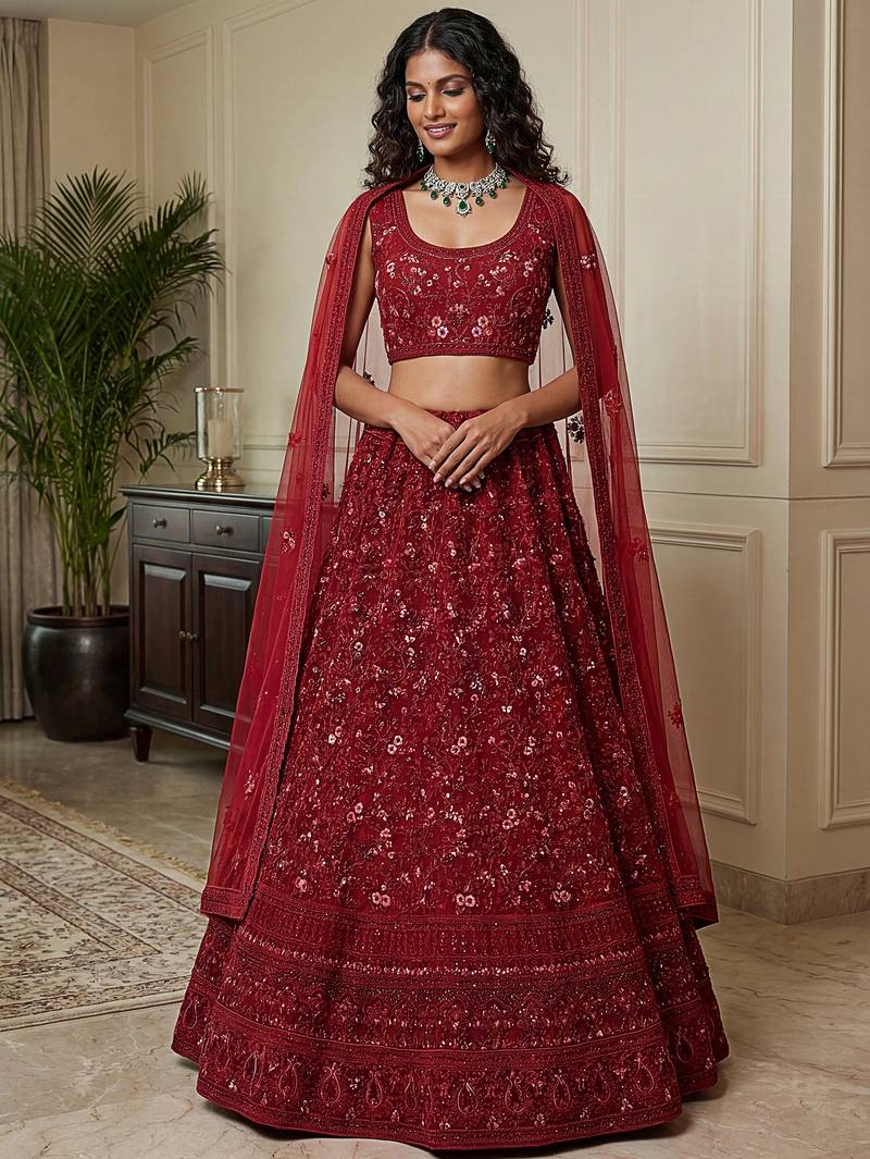 Lovely Red Dori Embroidery Net Bridal Lehenga Choli With Dupatta