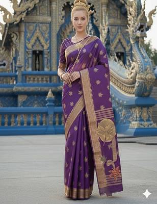Purple ready to wear jacquard silk  saree and ready to wear jacquard silk  blouse with cup 1