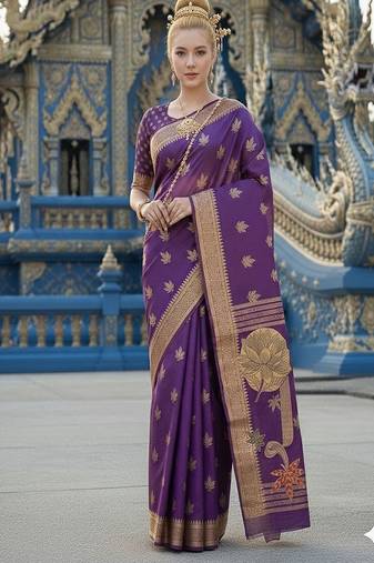 Purple ready to wear jacquard silk  saree and ready to wear jacquard silk  blouse with cup