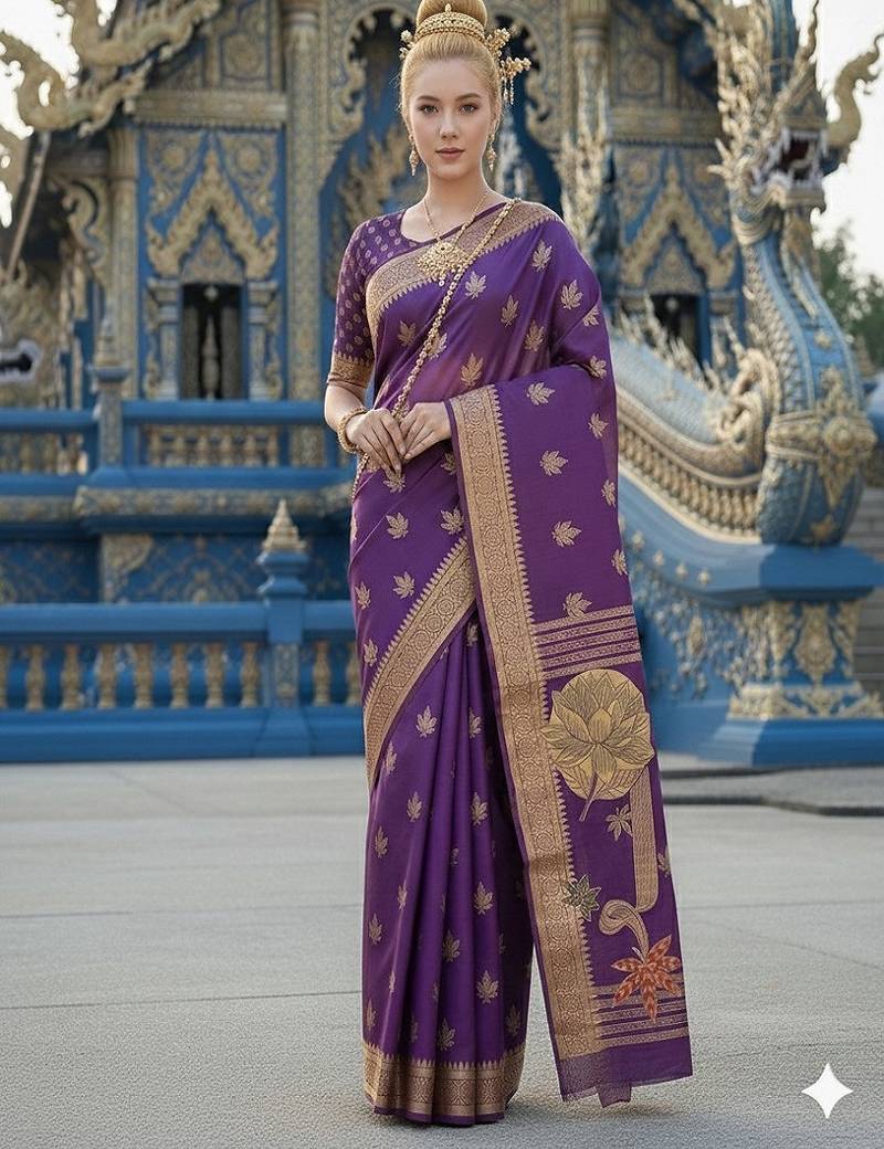 Purple ready to wear jacquard silk  saree and ready to wear jacquard silk  blouse with cup