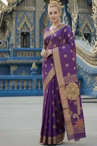 Purple ready to wear jacquard silk  saree and ready to wear jacquard silk  blouse with cup