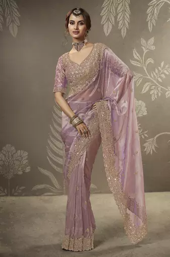 Purple beads work party wear tissue saree with designer beads work blouse fabric