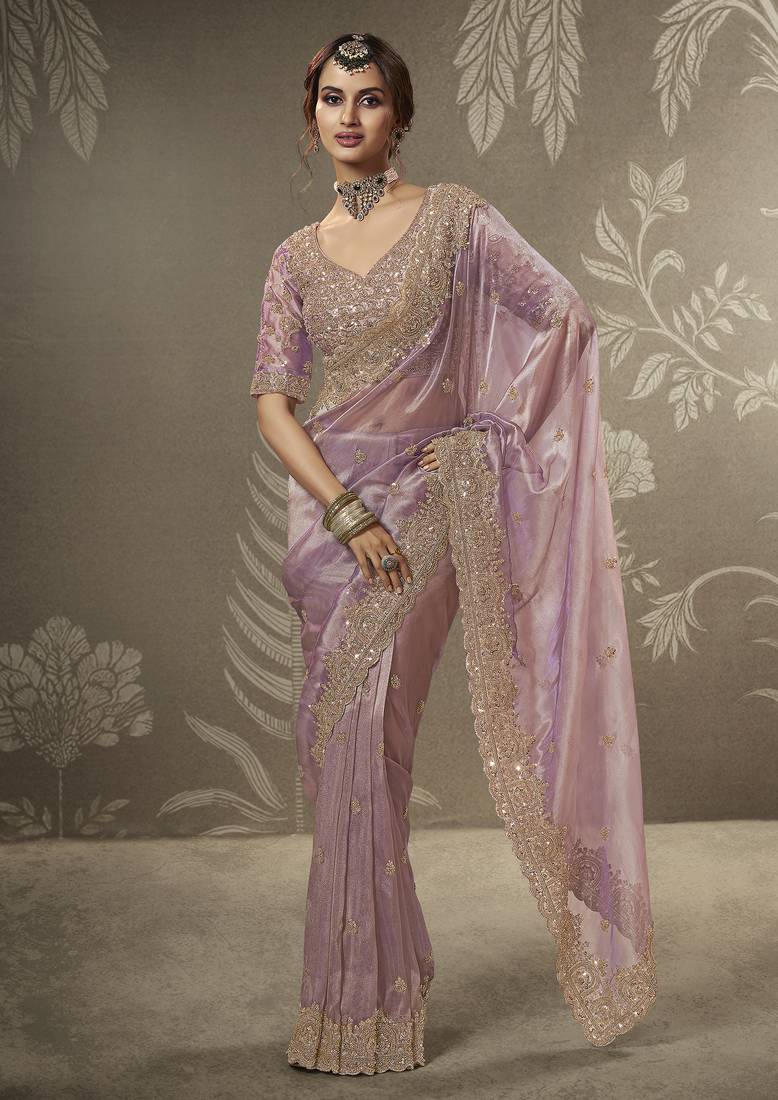 Purple beads work party wear tissue saree with designer beads work blouse fabric