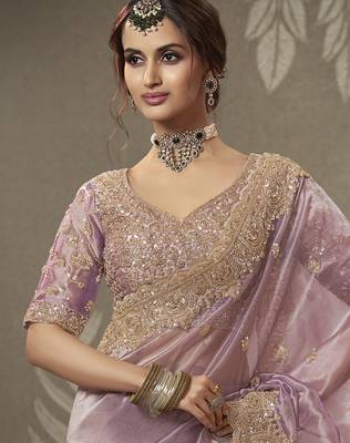 Purple beads work party wear tissue saree with designer beads work blouse fabric 2