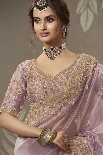 Purple beads work party wear tissue saree with designer beads work blouse fabric