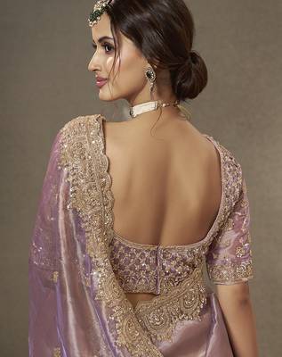 Purple beads work party wear tissue saree with designer beads work blouse fabric 3