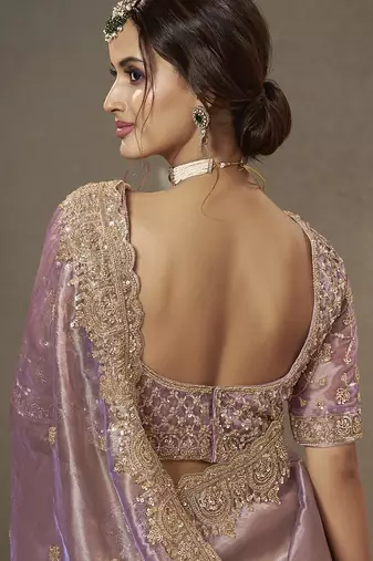Purple beads work party wear tissue saree with designer beads work blouse fabric