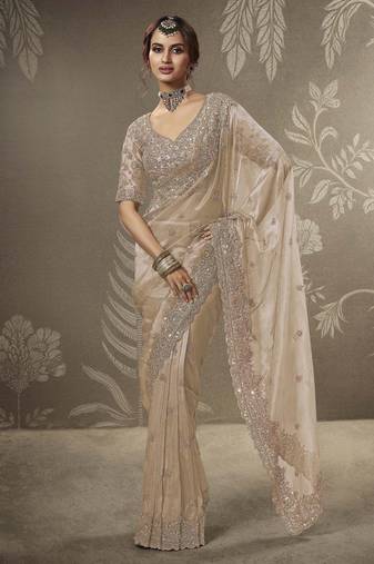 Gold beads work party wear tissue saree with designer beads work blouse fabric