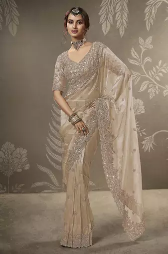 Gold beads work party wear tissue saree with designer beads work blouse fabric