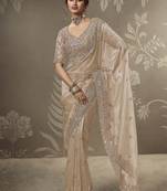 Gold beads work party wear tissue saree with designer beads work blouse fabric
