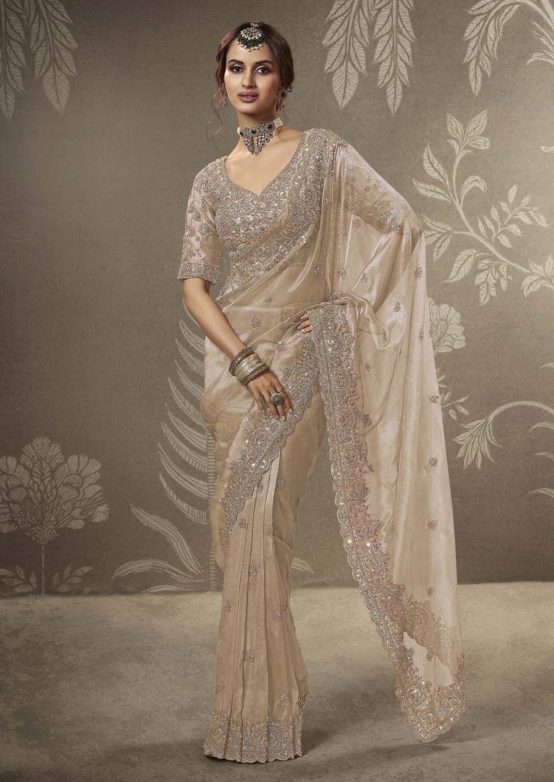 Gold beads work party wear tissue saree with designer beads work blouse fabric