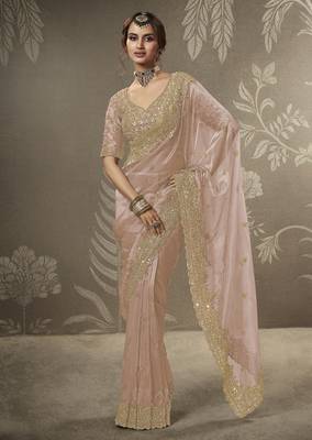 Peach beads work party wear tissue saree with designer beads work blouse fabric 1