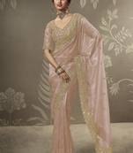 Peach beads work party wear tissue saree with designer beads work blouse fabric