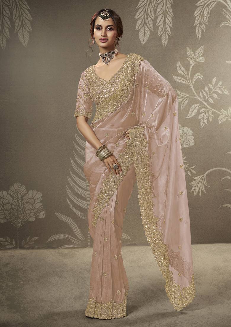 Peach beads work party wear tissue saree with designer beads work blouse fabric