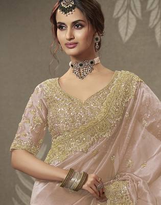 Peach beads work party wear tissue saree with designer beads work blouse fabric 2