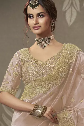 Peach beads work party wear tissue saree with designer beads work blouse fabric