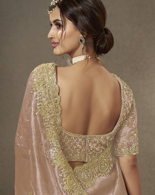 Peach beads work party wear tissue saree with designer beads work blouse fabric 3