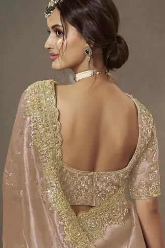 Peach beads work party wear tissue saree with designer beads work blouse fabric