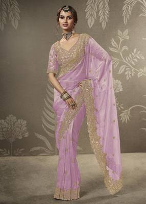 Lavender beads work party wear tissue saree with designer beads work blouse fabric 1