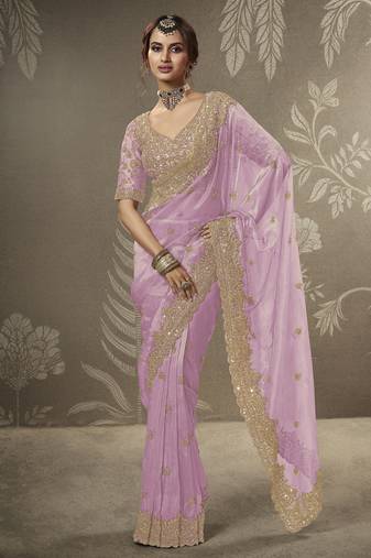 Lavender beads work party wear tissue saree with designer beads work blouse fabric