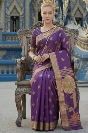 Purple ready to wear jacquard silk  saree and ready to wear jacquard silk  blouse with cup