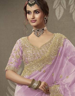 Lavender beads work party wear tissue saree with designer beads work blouse fabric 2