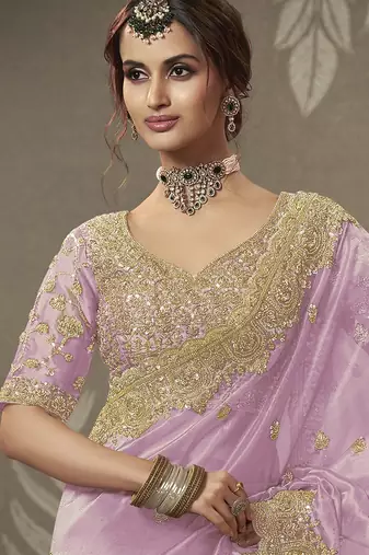 Lavender beads work party wear tissue saree with designer beads work blouse fabric