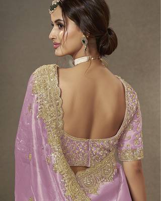 Lavender beads work party wear tissue saree with designer beads work blouse fabric 3