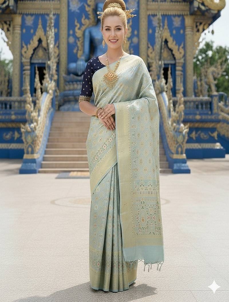 Blue ready to wear jacquard silk  saree and ready to wear jacquard silk  blouse with cup