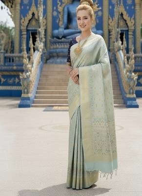 Blue ready to wear jacquard silk  saree and ready to wear jacquard silk  blouse with cup 2