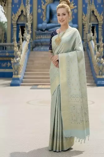 Blue ready to wear jacquard silk  saree and ready to wear jacquard silk  blouse with cup