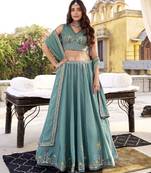 Sky Blue Star Georgette Fabric Sequins & Thread Embroidered Lehenga Choli Set with Matching Dupatta